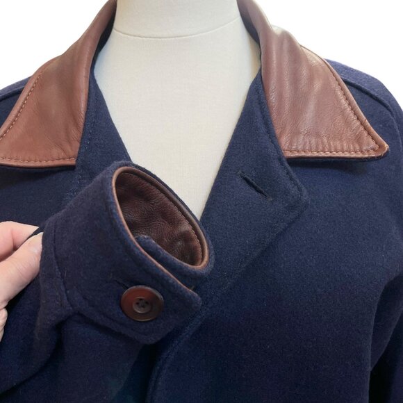 Vtg The Equestrian Jacket Womens Wool Leather Navy Barn Chore Coat Moth Holes XS - Picture 5 of 12